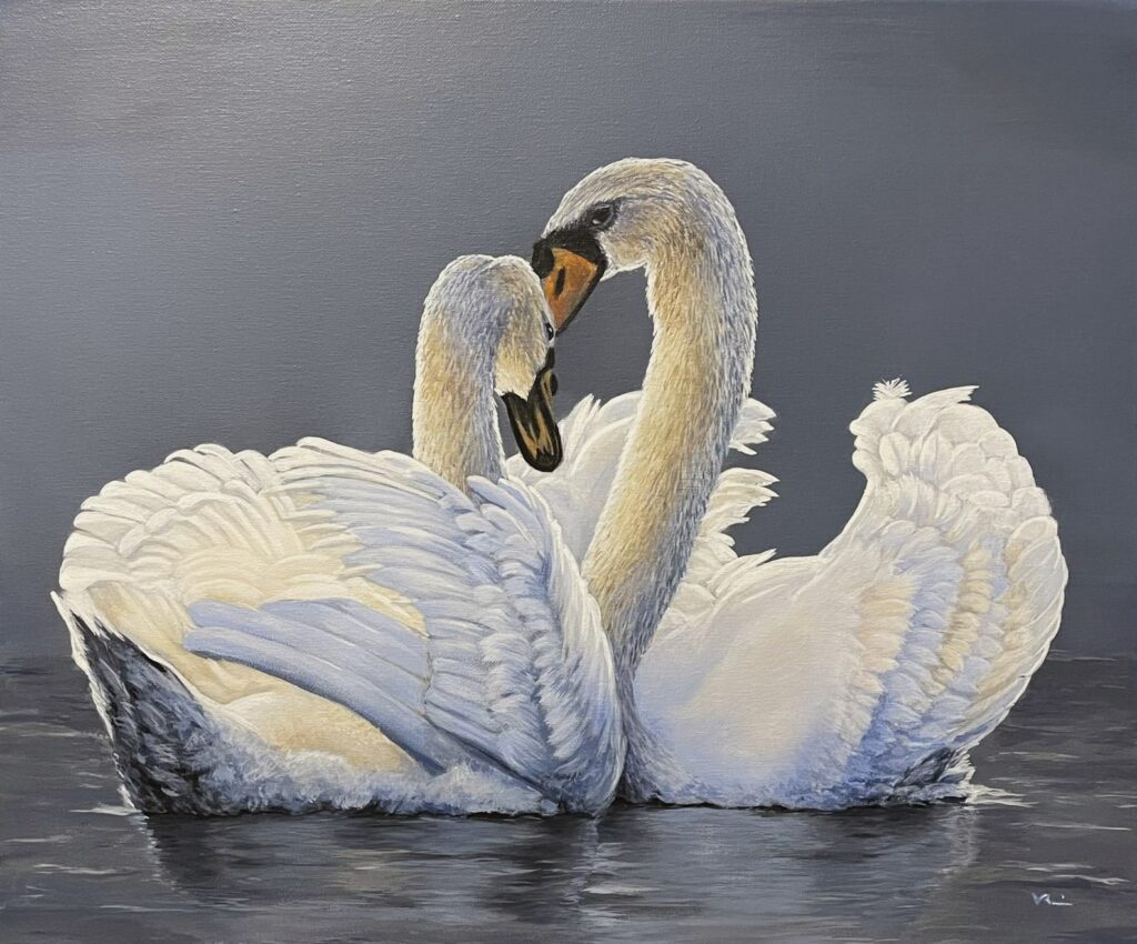 Elegant hand-painted swans acrylic painting on canvas, two swans on a lake, 50x40 cm - Varga Bernadett ART